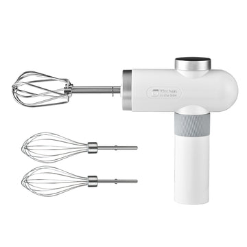 White cordless hand held mixer, 6-speed with USB-C charging, includes whisks and beaters, knob adjust and digital display