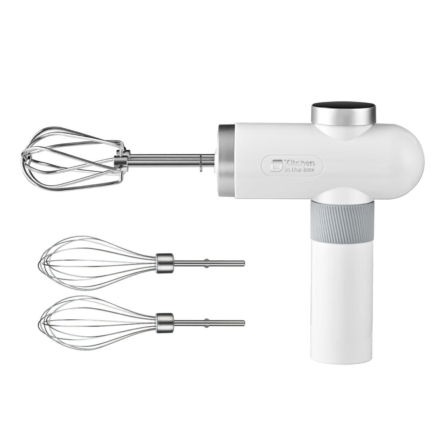 White cordless hand held mixer, 6-speed with USB-C charging, includes whisks and beaters, knob adjust and digital display
