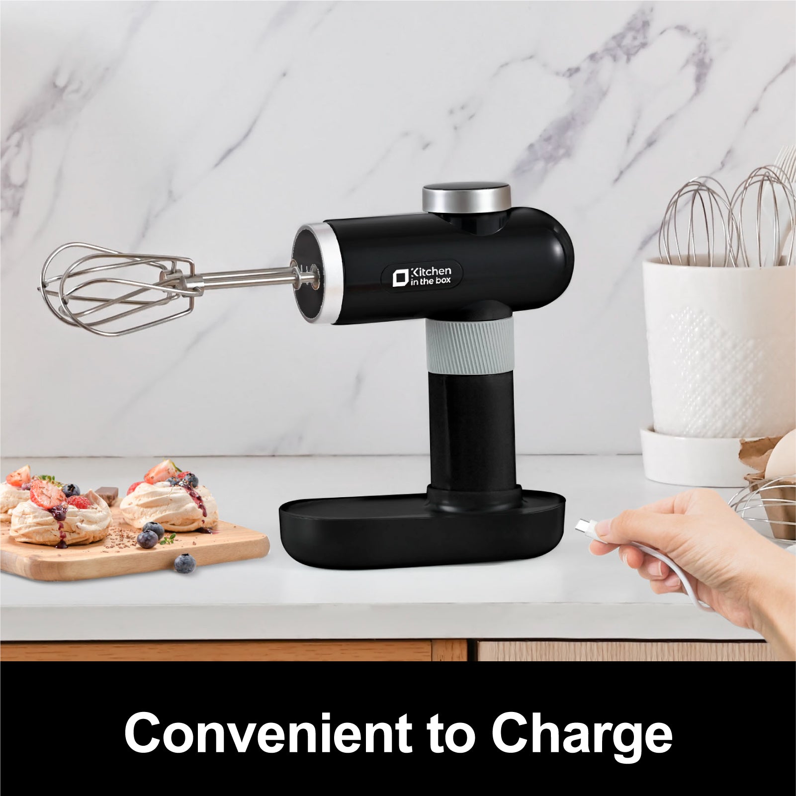 Electric Handheld Mixer with Whisks, Cordless, 6 Speeds, USB-C Charging, Knob Adjust, Digital Display