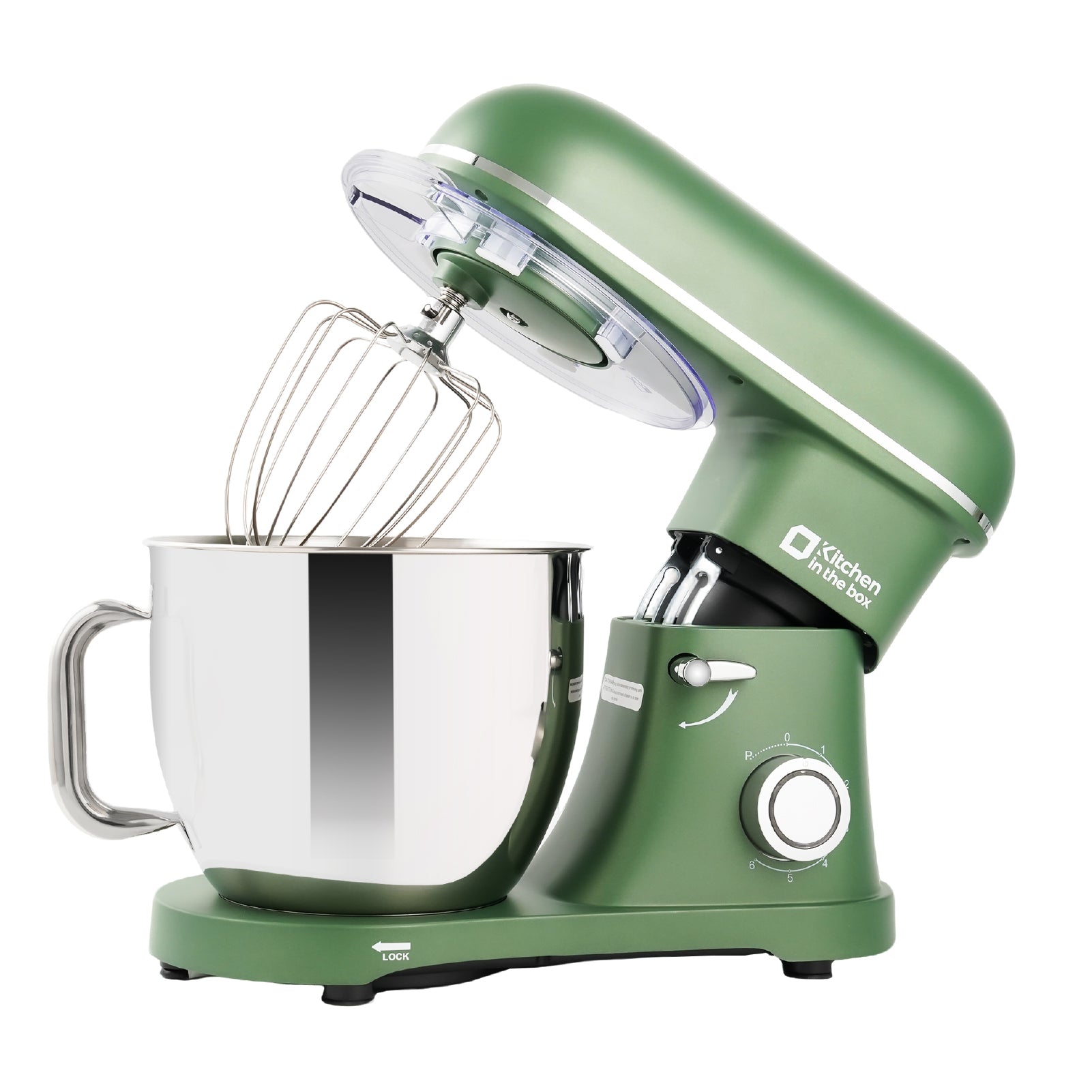 Green 6.5-quart tilt-head electric mixer with 900W power and 6-speed settings, includes egg whisk, dough hook, and flat beater, ideal for baking