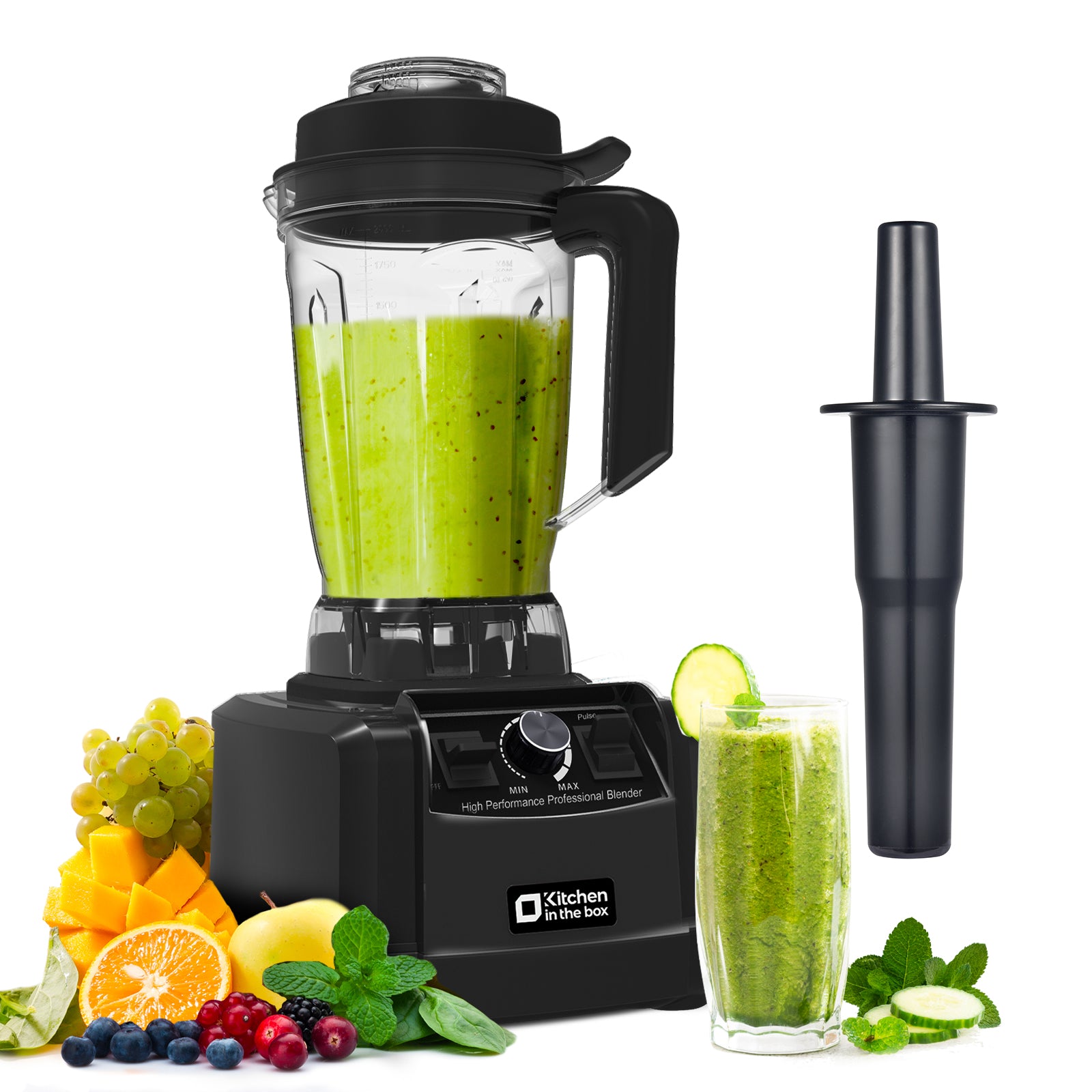 Black professional countertop blender, 1450W power, 68oz capacity, BPA-free, for smoothies, ice crushing, and milkshakes