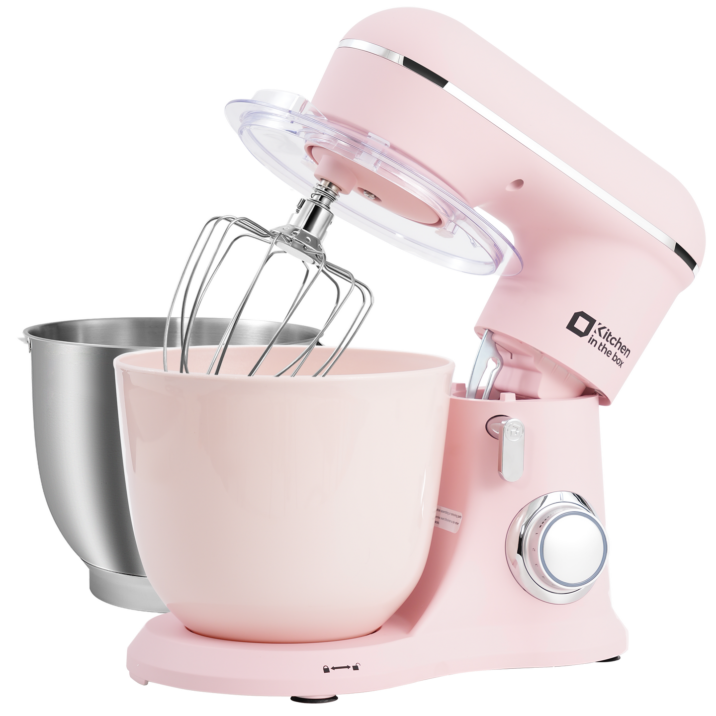 Rose pink 10-speed tilt-head stand mixer with 4.5QT and 5QT matte bowls, includes egg whisk, dough hook, and flat beater