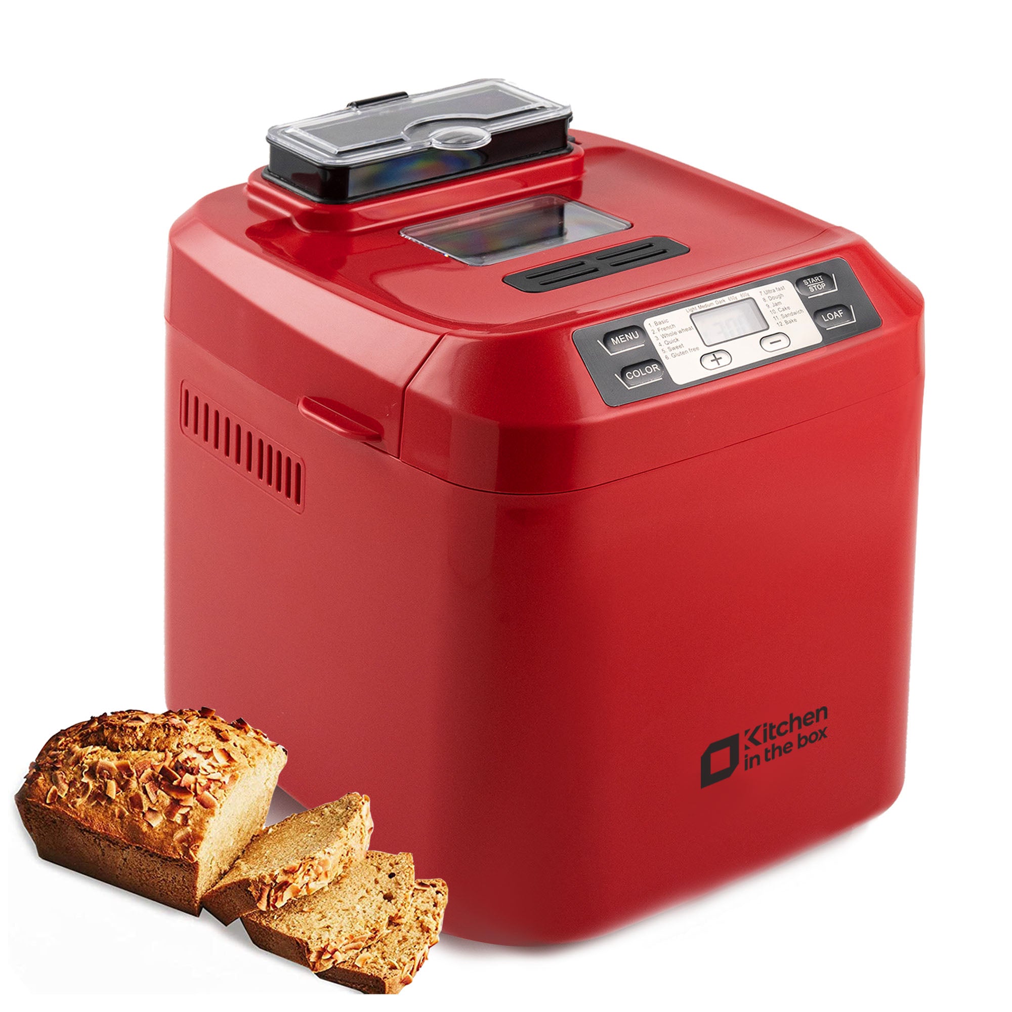 Red bread maker machine with auto fruit and nut dispenser, 12 presets, 2 lb capacity, LCD display, 13-hour delay timer