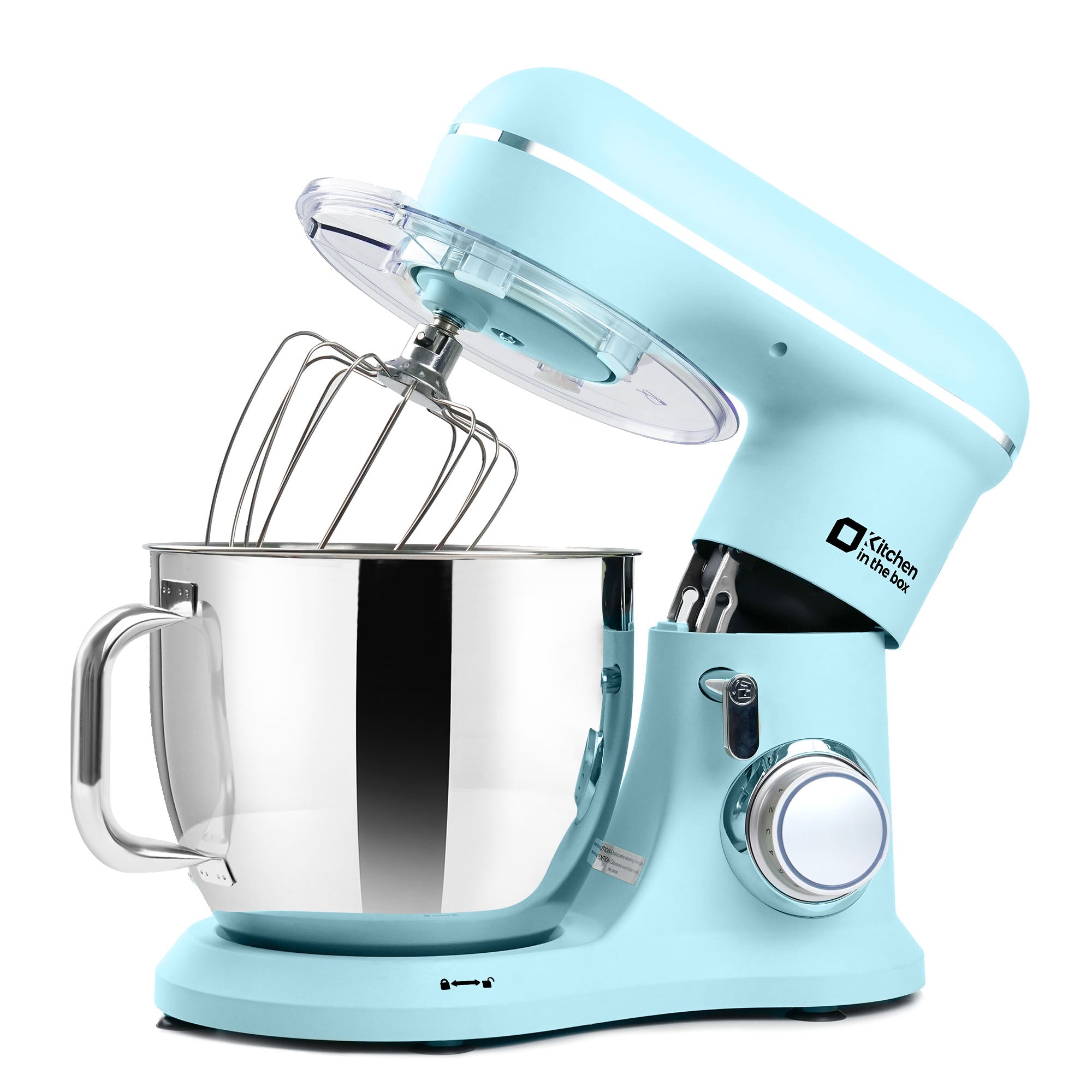 Blue 7-quart electric stand mixer with 900W power and 10-speed tilt-head design, includes dough hook, whisk, and flat beater, ideal for baking