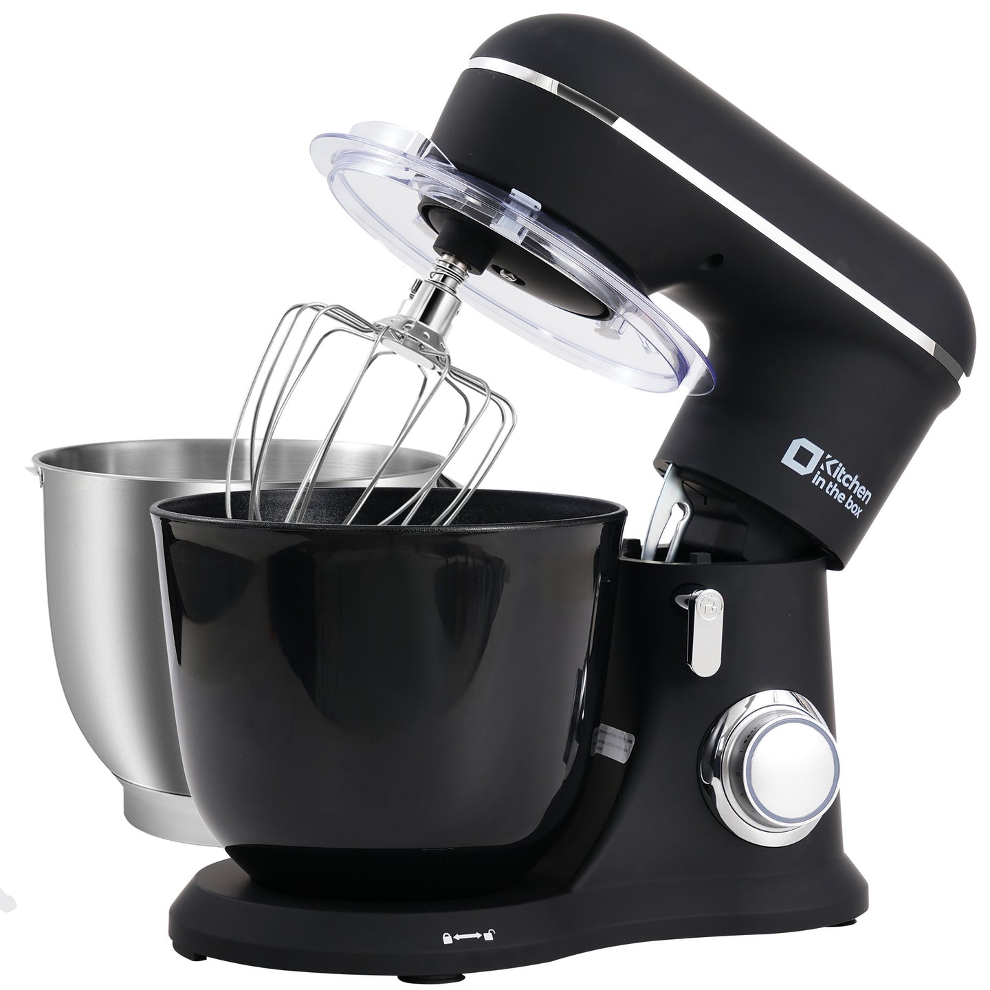 Onyx black 10-speed tilt-head stand mixer with 4.5QT and 5QT matte bowls, includes egg whisk, dough hook, and flat beater