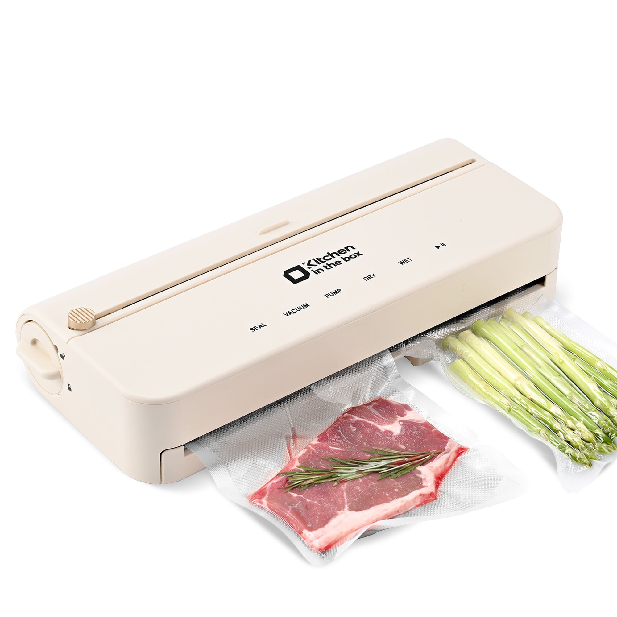 Beige smart vacuum sealer machine with bag and cutter, one-touch sealing, includes 5-meter bag rolls