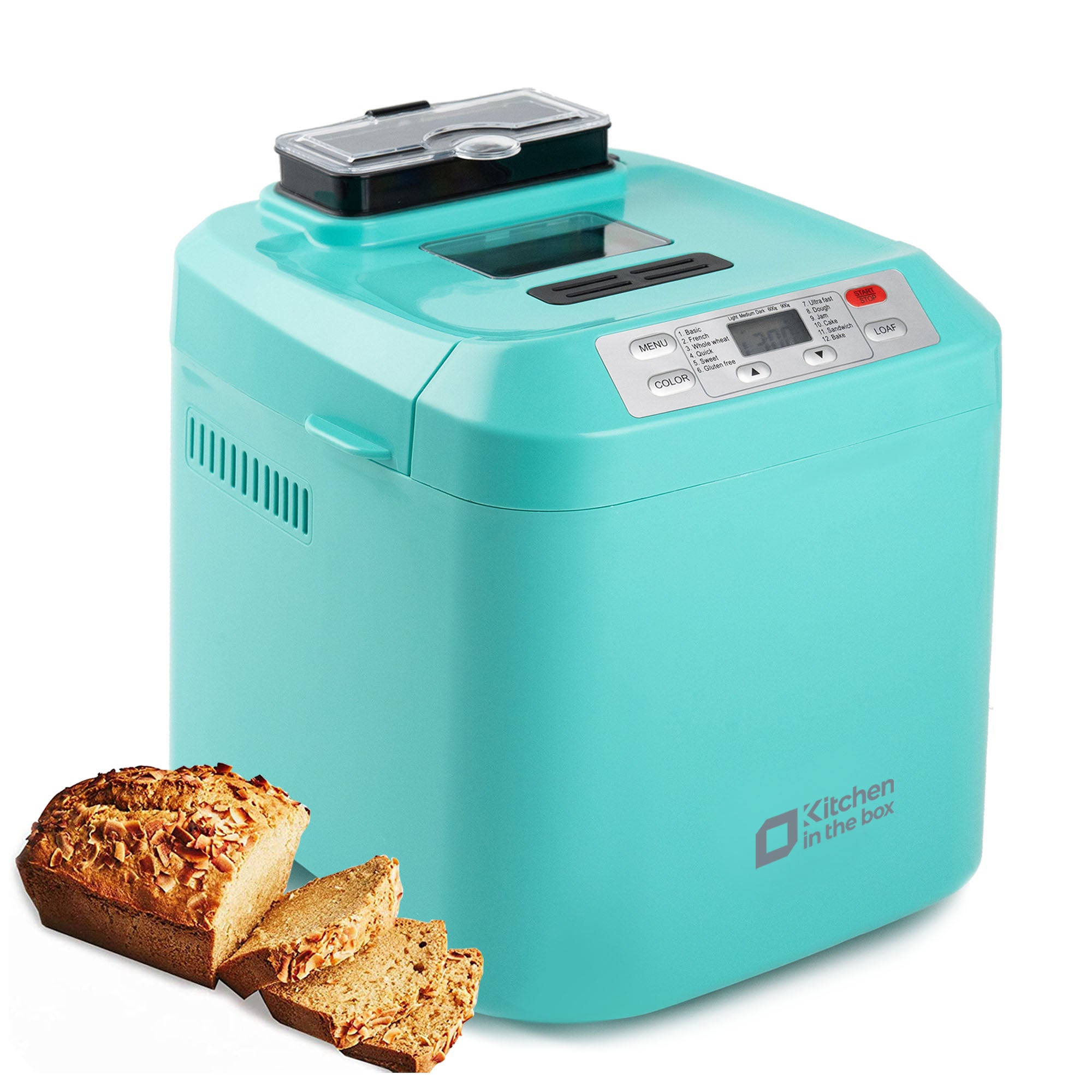 Blue bread maker machine with auto fruit and nut dispenser, 12 presets, 2 lb capacity, LCD display, 13-hour delay timer