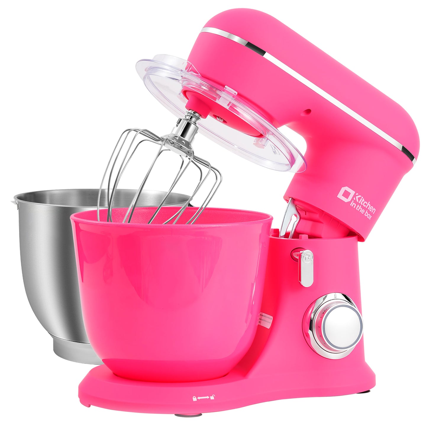 Neon pink 10-speed tilt-head stand mixer with 4.5QT and 5QT matte bowls, includes egg whisk, dough hook, and flat beater