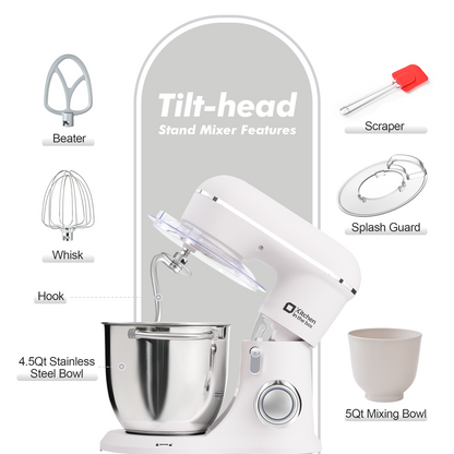 10 Speed Tilt-Head 4.5QT & 5QT Stand Mixer – Matte Food Mixer with Two Bowls, Egg Whisk, Dough Hook & Flat Beater for Daily Use