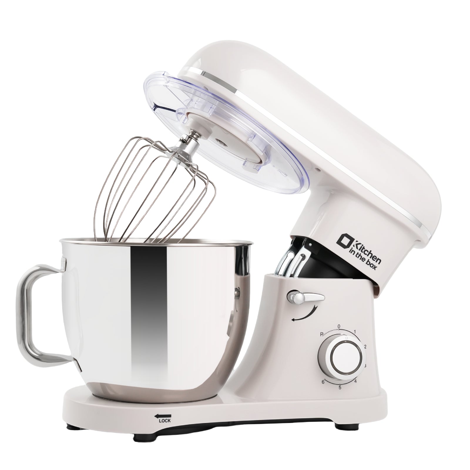 White 6.5-quart tilt-head electric mixer with 900W power and 6-speed settings, includes egg whisk, dough hook, and flat beater, ideal for baking
