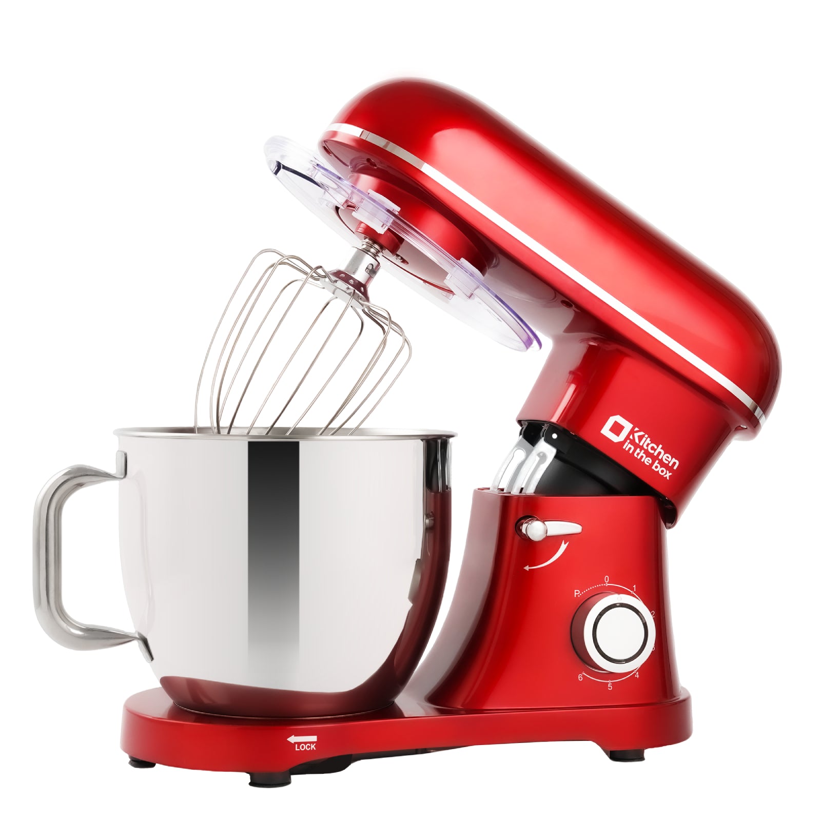 Red 6.5-quart tilt-head electric mixer with 900W power and 6-speed settings, includes egg whisk, dough hook, and flat beater, ideal for baking
