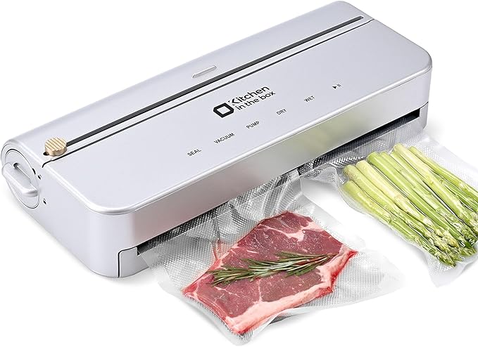 Silver smart vacuum sealer machine with bag and cutter, one-touch sealing, includes 5-meter bag rolls