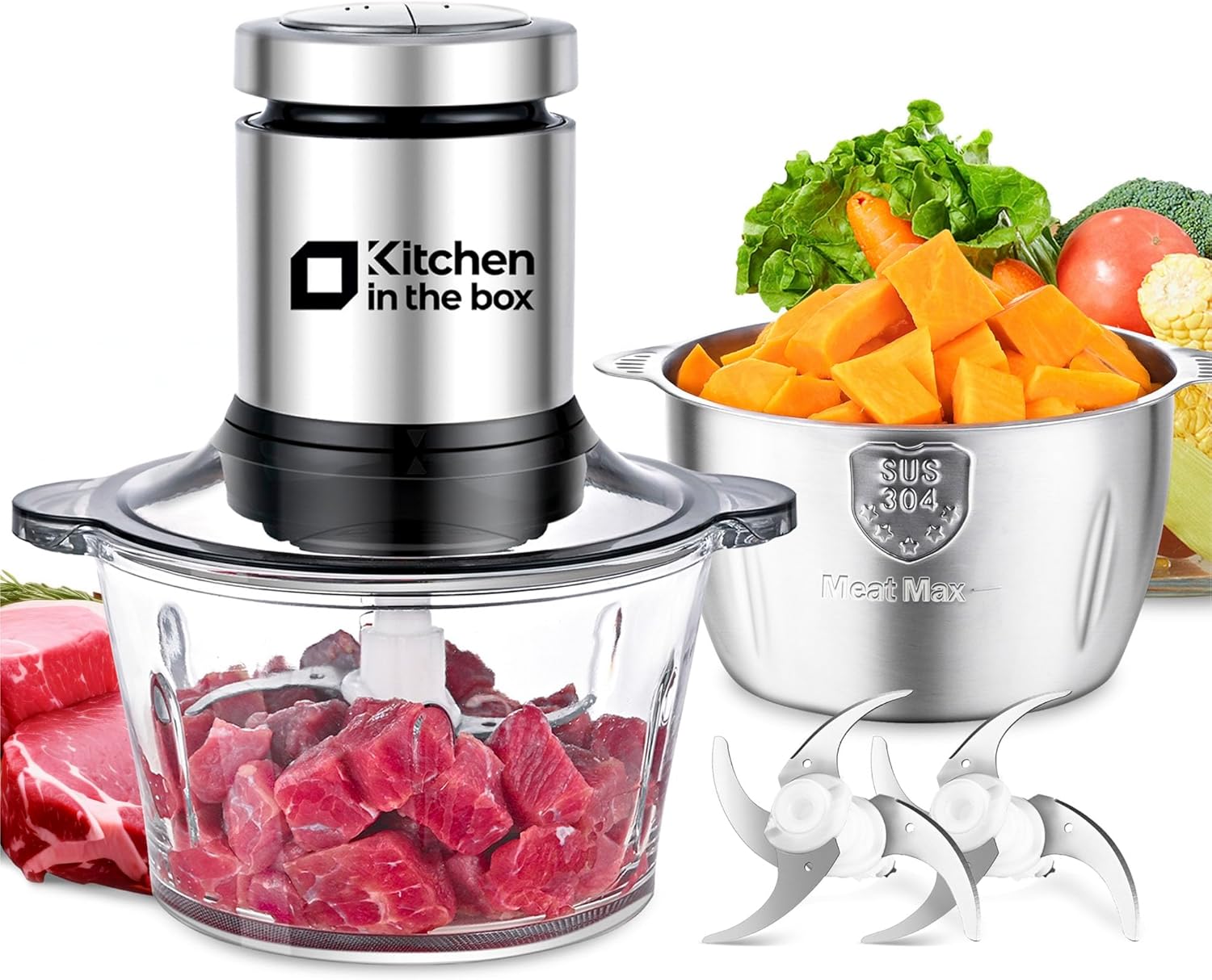 Electric Food Processor, 2-Bowl (8 Cup + 8 Cup) Design, 400W Small Food Chopper with Container, Meat Grinder, Black