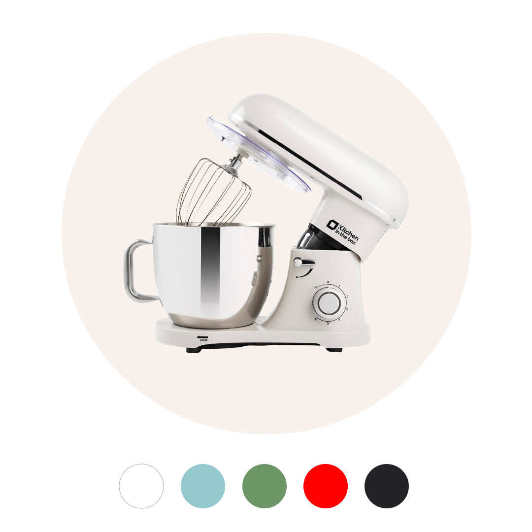 6.5-quart tilt-head electric mixer with 900W power and 6-speed settings, includes egg whisk, dough hook, and flat beater, ideal for baking
