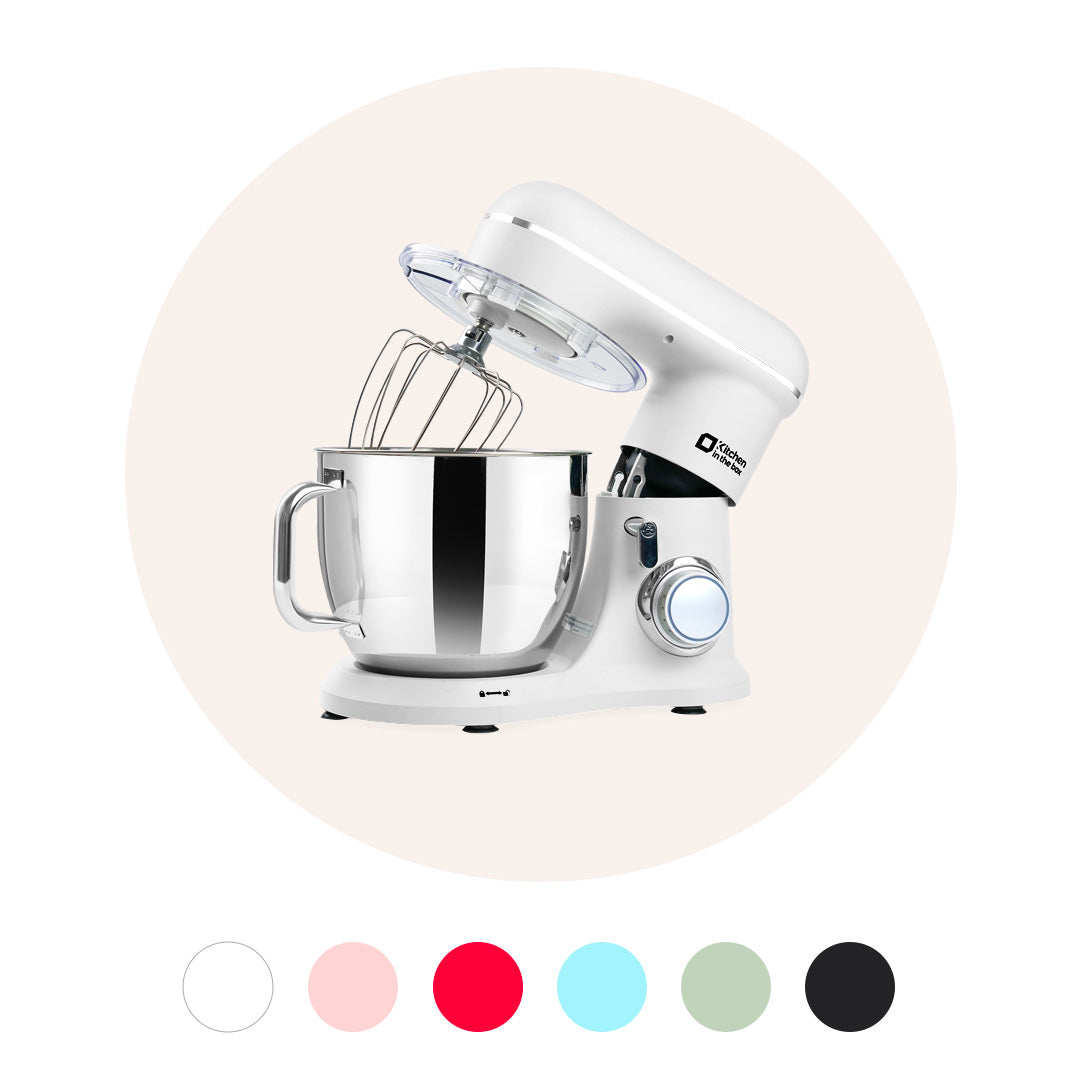 7-quart electric stand mixer with 900W power and 10-speed tilt-head design, includes dough hook, whisk, and flat beater, ideal for baking
