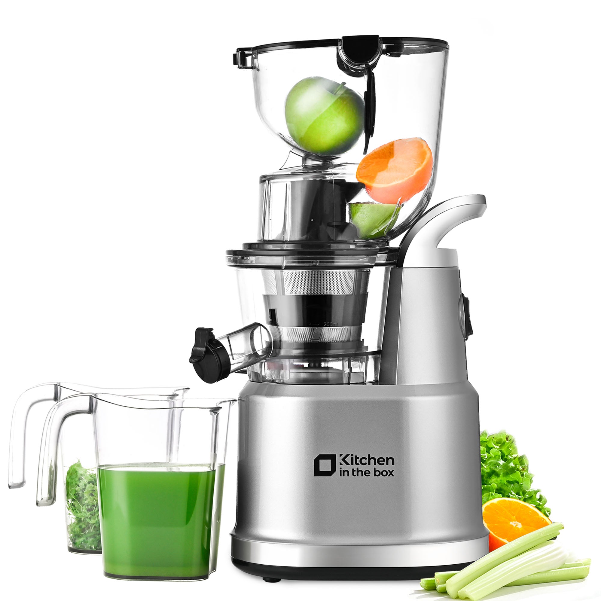 Silver cold press juicer machine with 83 mm wide chute for whole fruits and vegetables, high efficiency, BPA-free design