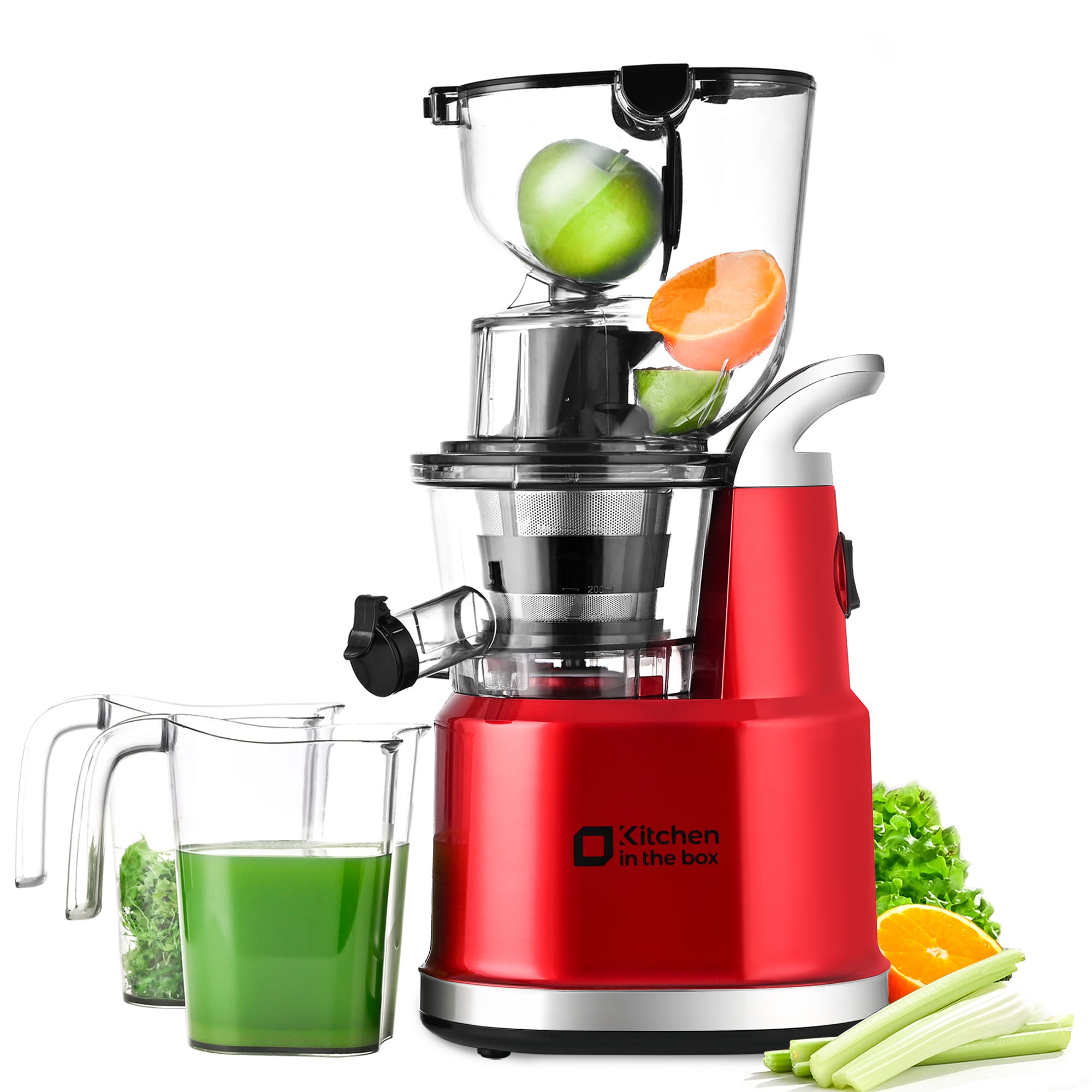 Red cold press juicer machine with 83 mm wide chute for whole fruits and vegetables, high efficiency, BPA-free design