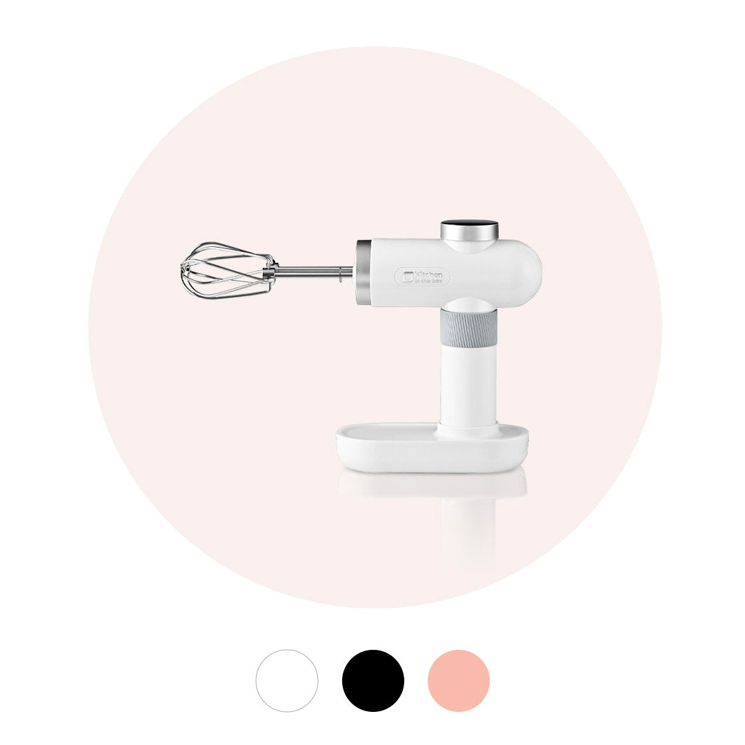 Cordless electric handheld mixer with 6-speed settings, USB-C charging, knob adjust, digital display, includes whisks